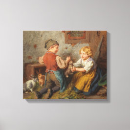 Gute Freunde (junge Jungen, die mit Hasen spielen Leinwanddruck