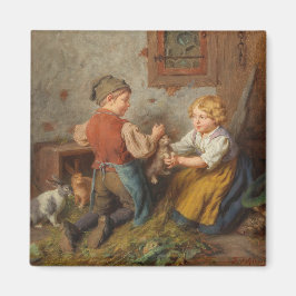 Gute Freunde (junge Jungen, die mit Hasen spielen Magnet