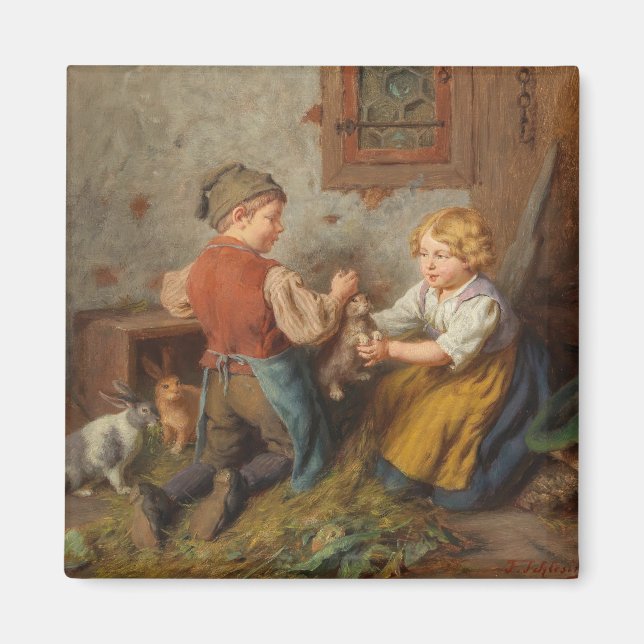 Gute Freunde (junge Jungen, die mit Hasen spielen Magnet (Vorne)