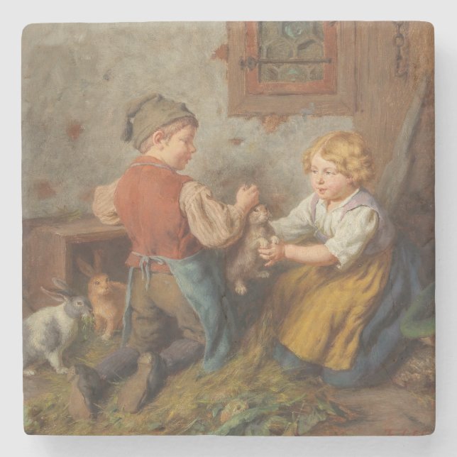 Gute Freunde (junge Jungen, die mit Hasen spielen Steinuntersetzer (Vorderseite)