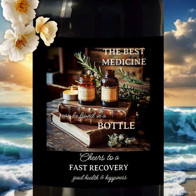 Gute Gesundheit bald Weinetikett (funny wine label featuring a vintage design with herbs, books and medicine bottles - get well soon)