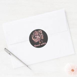 Gute Hexe Vintage Pink Halloween-Magie & Katze Runder Aufkleber
