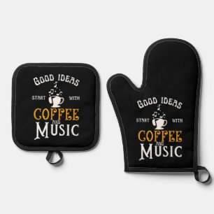 Gute Ideen beginnen mit Kaffee und Musik Funny Bla Ofenhandschuh & Topflappen-Set