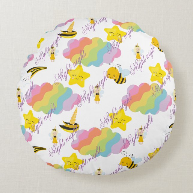 Gute Nacht rundes Babykissen mit Babyelementen. Rundes Kissen (Vorderseite)