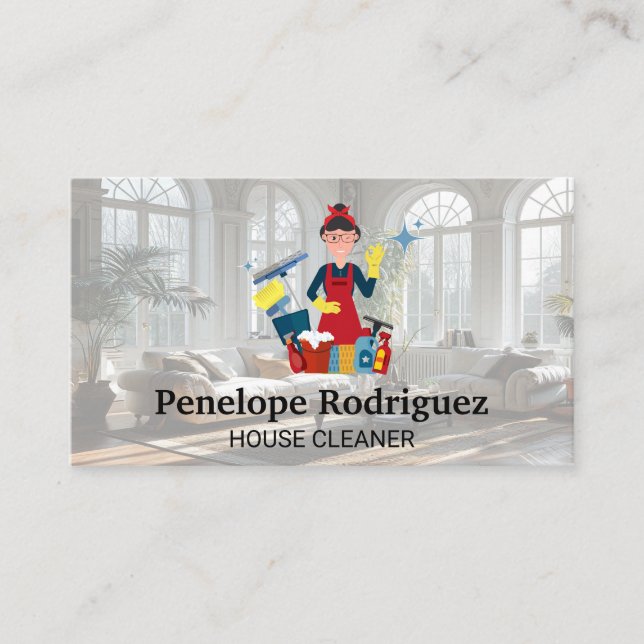 Gute Reinigung Lady mit ihrer Ausrüstung Visitenkarte (Vorderseite)