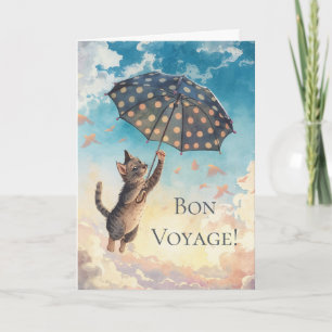 Gute Reise Katze und Regenschirm fliegen durch die Karte