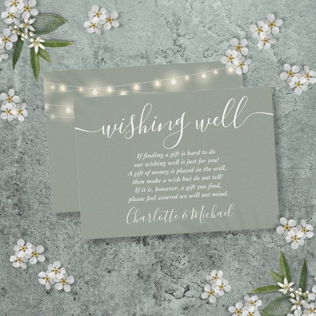 Gute Saitenbeleuchtung wünscht grüne Hochzeit Begleitkarte (Wishing Well String Lights Sage Green Wedding Enclosure Card)