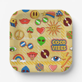 gute vibes alien groovy pop art 1970er kariert pappteller