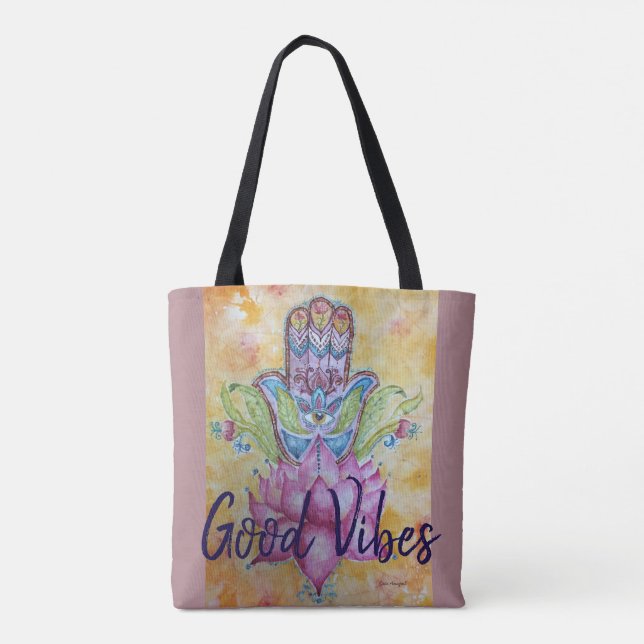 Gute Vibes Hamsa Kunst-Taschen-Tasche (Rückseite)