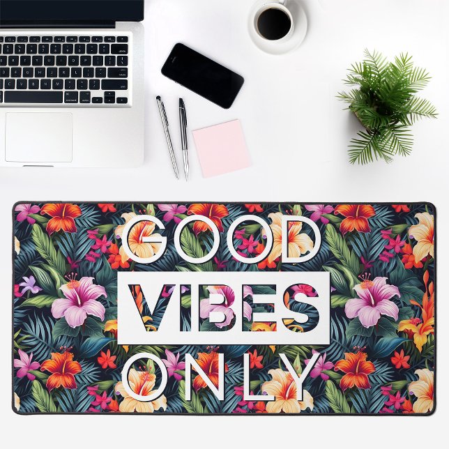 Gute Vibes nur Tropenflorendruck Schwarz Schreibtischunterlage (Good Vibes Only Tropical Floral Print Black Desk Mat)
