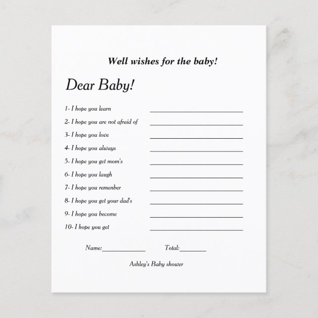 Gute Wünsche für das Baby Duschspiel (Vorderseite)