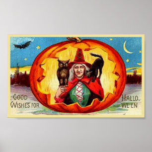 Gute Wünsche zu Halloween, Schüssel, Hexe, Katze,  Poster