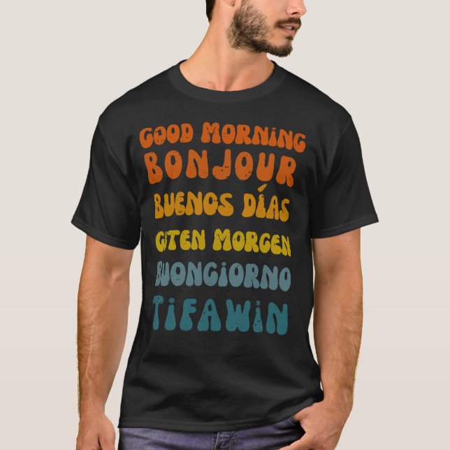Guten Morgen, das retro multilinguale Shirt (Vorderseite)