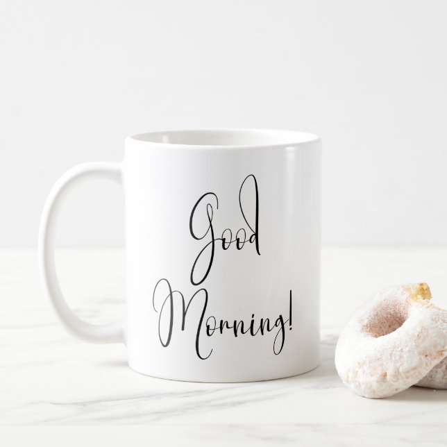 "Guten Morgen" einfache schwarze Typografie Kaffeetasse (Mit Donut)