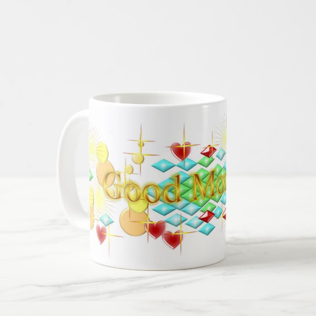 Guten Morgen, fröhlich und glücklich Kaffeetasse (Vorderseite Links)