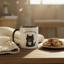 Guten Morgen mit Süße Schwarze Katze Kaffee