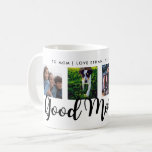 Guten Morgen | Moderne Typografie Vier-Foto-Gitter Tasse<br><div class="desc">Diese stilvolle Schwarz-Weiß-Tasse hat Platz für vier Ihrer quadratischen Fotos und sagt "Guten Morgen" in der modernen schwarzen Typografie. Personalisieren Sie Ihre Nachricht und Ihren Namen an der oberen Grenze.</div>