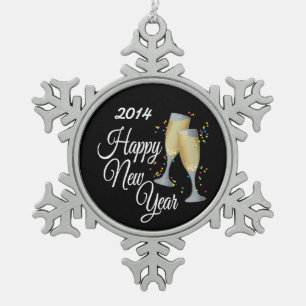 Guten Rutsch ins Neue Jahr, Champagne u. Confetti Schneeflocken Zinn-Ornament