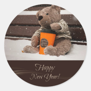 Guten Rutsch ins Neue Jahr. Teddybär-Bär Runder Aufkleber