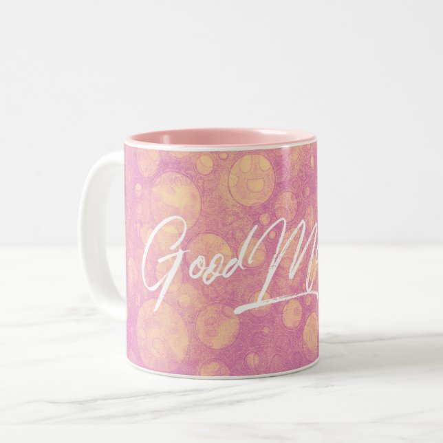 Gutenmorgen-Rosa-Kreise Zweifarbige Tasse (Vorderseite Links)