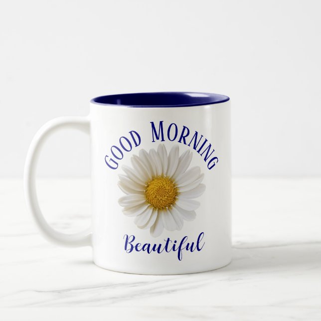 Guter Morgen Blauer Text White Daisy Zweifarbige Tasse (Links)