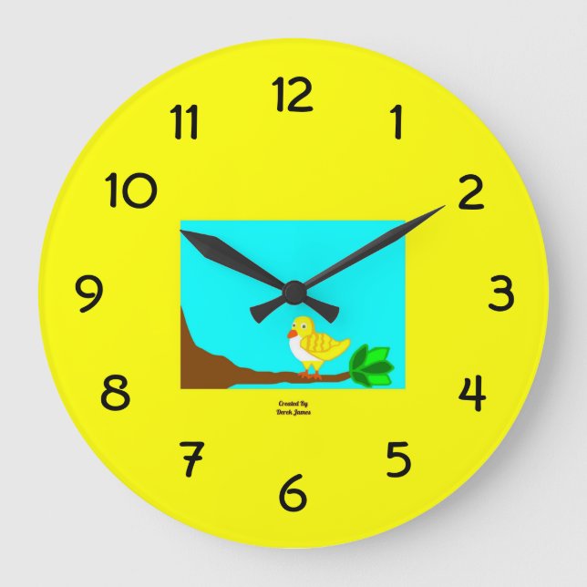 Guter Morgen gelber Bird-Acryl-Wall-Uhr Große Wanduhr (Vorderseite)