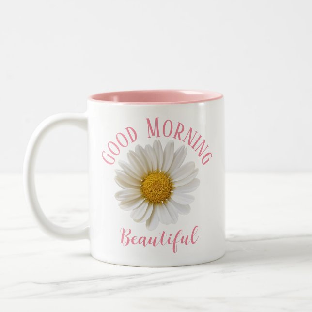 Guter Morgen rosa Text weiß Daisy Zweifarbige Tasse (Links)