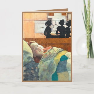 Gutes kranzes Mädchen im Bett, das betreut wird, w Karte