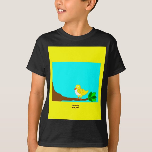 Gutes Morgengrauen Jungen mit gelbem Vogel Black B T-Shirt (Vorderseite)