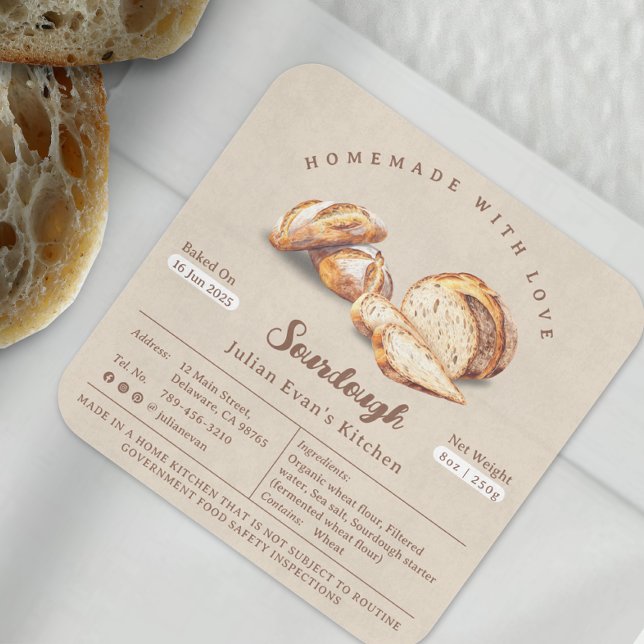Gütesiegel für die hausgemachte Quellcode-Hütte Quadratischer Aufkleber (Watercolor Homemade Sourdough Cottage Law Label)