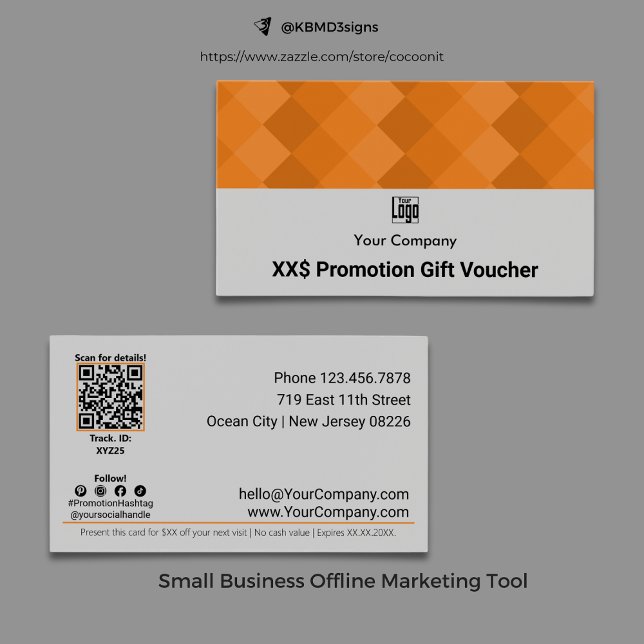 Gutscheinkarte für moderne Werbeaktionen (Modern Business Promotion Gift Voucher Card, Gray, Black, Orange, Logo, QR Code, Social Media)