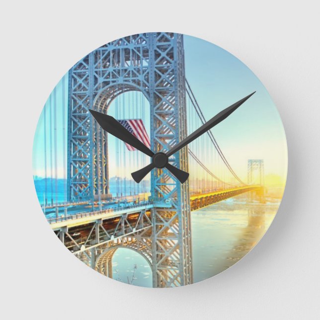 GWB anschließenfort-Lee NJ und Manhattan NYPlus Runde Wanduhr (Vorderseite)