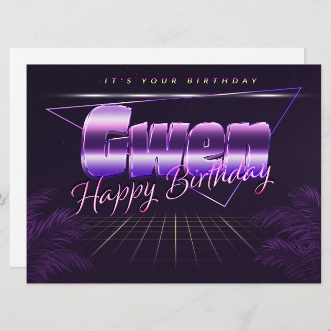 Gwen Name Vorname lila retro Karte Geburtstag (Vorne/Hinten)