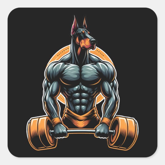 GYM Doberman Hundbodybuilder Power-Lifter Quadratischer Aufkleber (Vorderseite)