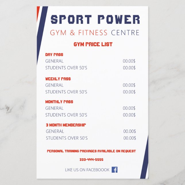 Gym & Fitness Center Power Sportpreisliste (Vorderseite)