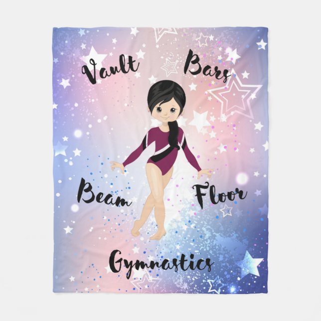 Gym Star Black Hair, Brown Eyes, Burgund Leotard Fleecedecke (Vorderseite)