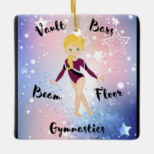 Gym Star Blonde, Green Eyes, Burgundy Leotard      Keramikornament