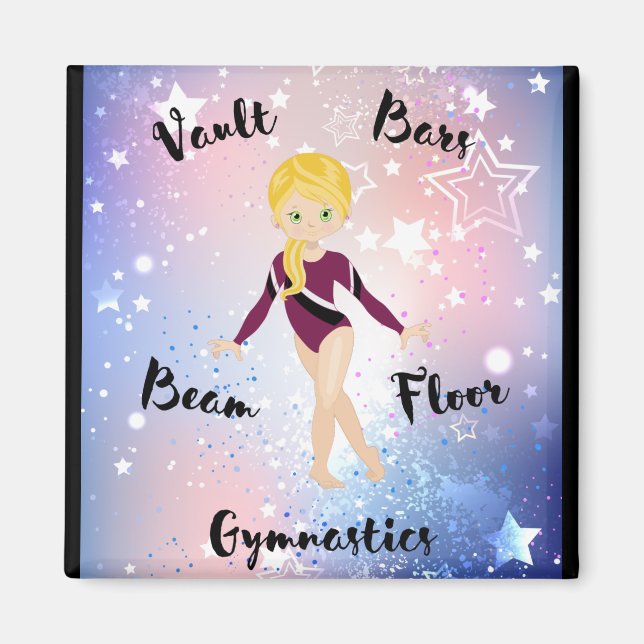 Gym Star Blonde, grüne Augen, Burgund Leotard Magnet (Vorne)