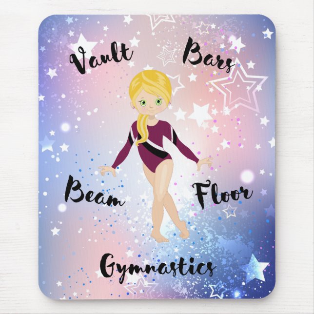 Gym Star Blonde, grüne Augen, Burgund Leotard Mousepad (Vorne)