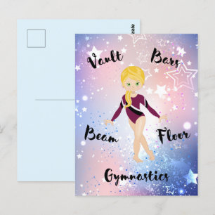 Gym Star Blonde, grüne Augen, Burgund Leotard Postkarte