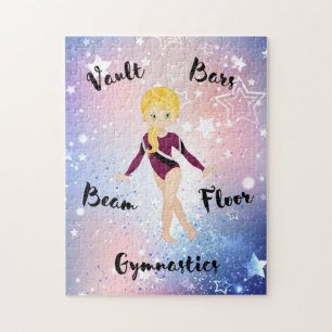 Gym Star Blonde, grüne Augen, Burgund Leotard Puzzle