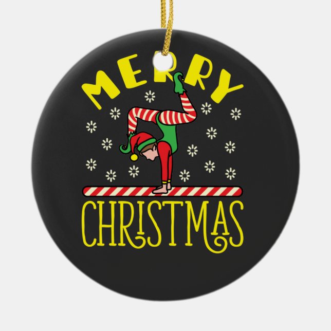 Gymnast Elf über Beam Gymnastics Weihnachts-T - Sh Keramik Ornament (Vorne)