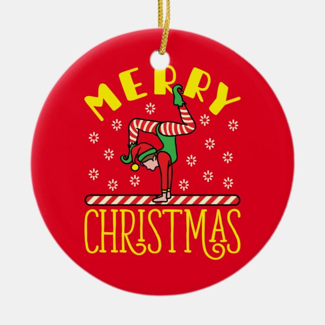 Gymnast Elf über Beam Gymnastik Weihnachten Keramik Ornament (Vorne)
