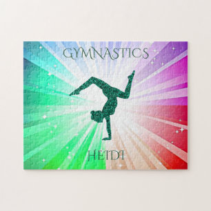 "GYMNASTICS" beleuchtet Rätsel mit Gymnast. Puzzle