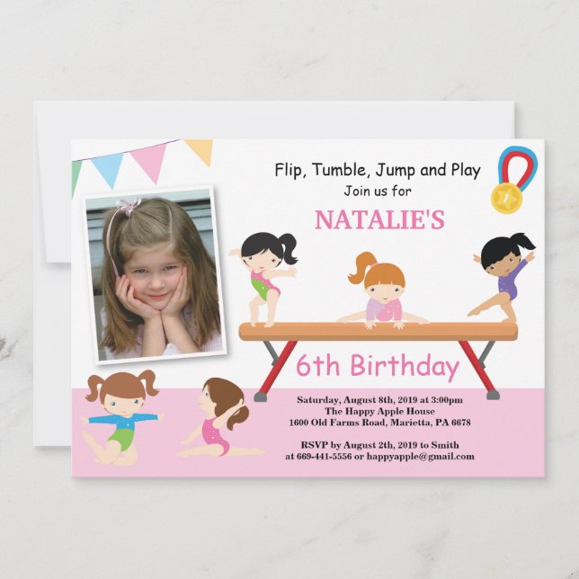 Gymnastics Birthday Invitation Pink Gym Party Einladung (Vorderseite)