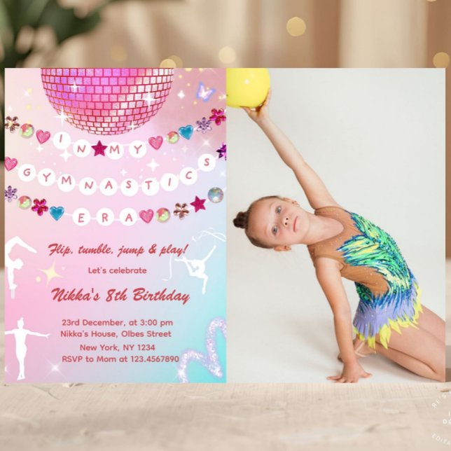 Gymnastics Birthday Pink Gym Party Photo  Einladung (gymnastics, gym, girl birthday, acrobatics, girly, 1st first bday invite, gymnastics party, gymnasti)