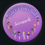 Gymnastics Friends "Happy Birthday" Lila Ombre Pappteller<br><div class="desc">Gymnastik Freunde "Happy Birthday" Lila Ombre Party Design personalisiert mit dem Namen Ihres Turniers!</div>