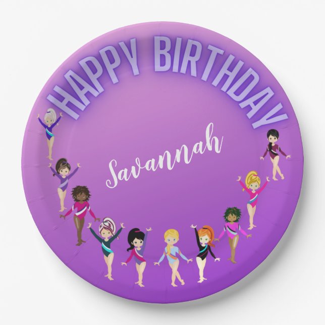 Gymnastics Friends "Happy Birthday" Lila Ombre Pappteller (Vorderseite)