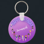 Gymnastics Friends "Happy Birthday" Lila Ombre Schlüsselanhänger<br><div class="desc">Gymnastik Freunde "Happy Birthday" Lila Ombre Party Design personalisiert mit dem Namen Ihres Turniers!</div>