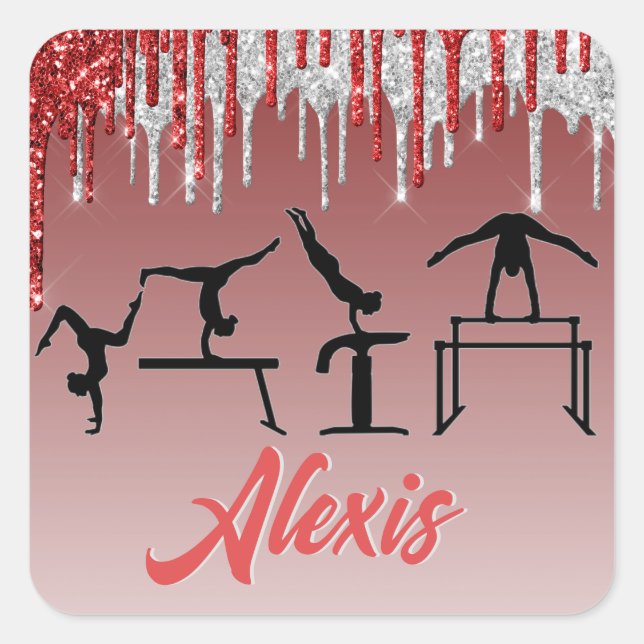 Gymnastics Red and Silver Glitter Drip Ombre     Quadratischer Aufkleber (Vorderseite)